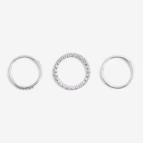 Express 3 Piece Mixed Rhinestone Ring Set - Silver - Size 7 - Picture 2 of 2